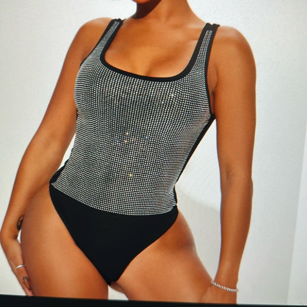 NWT Fashion Nova body suit- just for tonight rhinestone. Black.